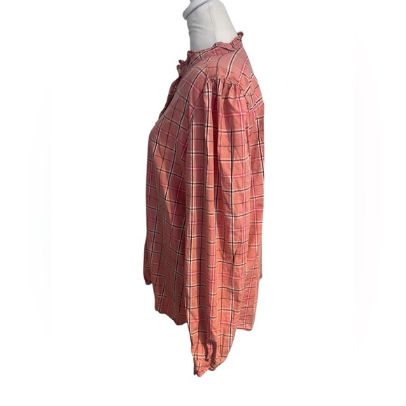 2 LOFT Size L Ruffle Blouses Pink & Blue Button Down Tops Feminine Work Casual - Picture 5 of 7